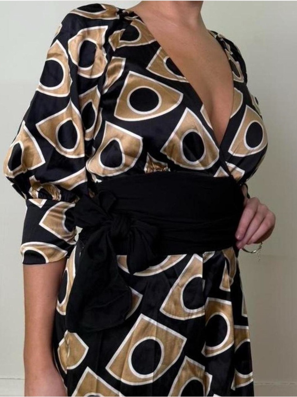Diane Von Furstenberg Black and Gold Abstract Midi Wrap Dress